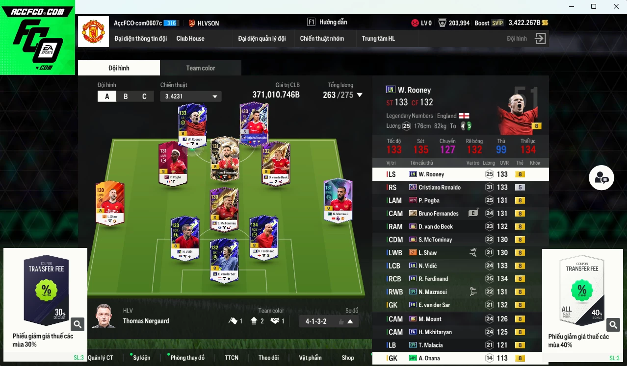 Man Utd. 371.010b có Pogba WC22 (limit) , CR7 CU, Vidic LN, Ferdinand LN, Shaw E21, Rooney LN, Mazraoui SPL, Bruno BLD (bù), Mount HG, Mkhitaryan FA... dư 3400b. HLV Xịn
